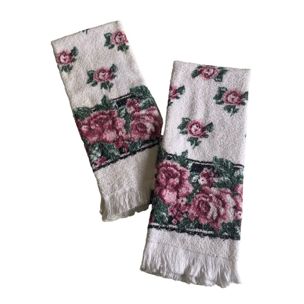 Vintage Franco Fringed Towels Roses Rose Print Set of Two Made in USA